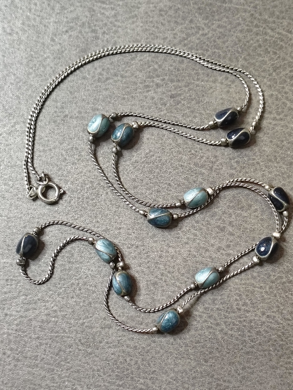 Silver Blue Beaded Station Necklace